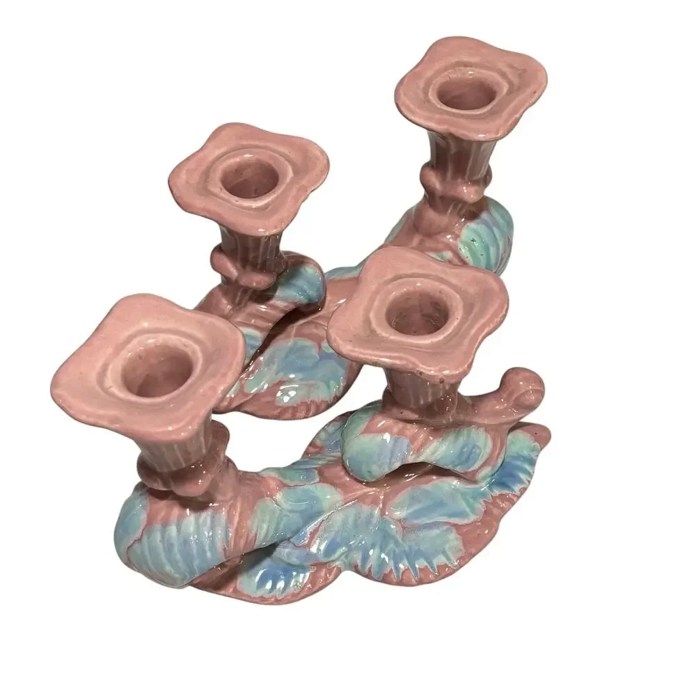 Vintage Mid Century Royal Haeger pottery candle holders Mauve Blue Agate PAIR